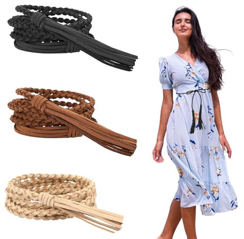 Telooco 3 Stück Böhmen Geflochtene Damengürtel Seilgürtel mit Quasten, Brautgürtel Damen Taillengürtel Geflochtene Gürtel mit Quastenkette für Kleider Röcke Hosen (Schwarz, Braun, Weiß)