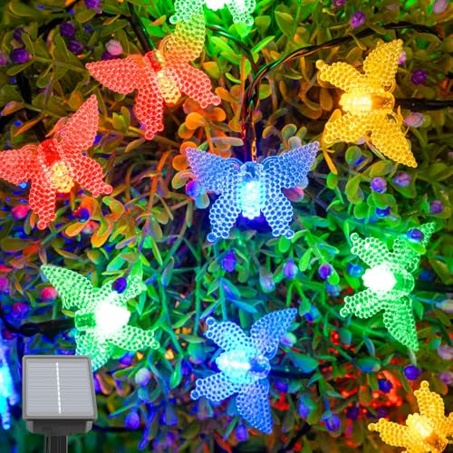 Isisyu Solar Lichterkette Aussen Schmetterling, 5M 20 LED Lichterkette Außen Solar Wetterfest mit Timer, 8 Modi, IP65 Wasserdicht Solarlichterkette Outdoor für Garten, Balkon, Terrasse, Partys