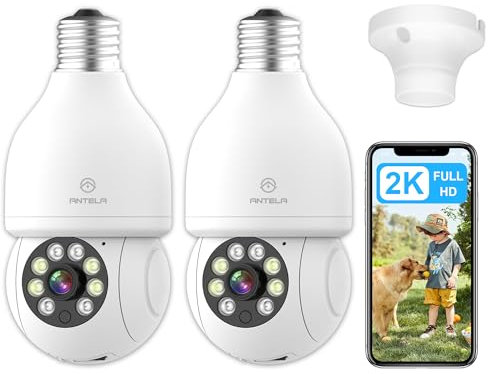 ANTELA Cámara de Bombilla vigilancia WiFi Interior 3MP 2K, Audio bidireccional, visión Nocturna en Color, detección de Movimiento, grabación 24/7, Compatible con Alexa y Google Home, 2.4GHz, 2 Pack