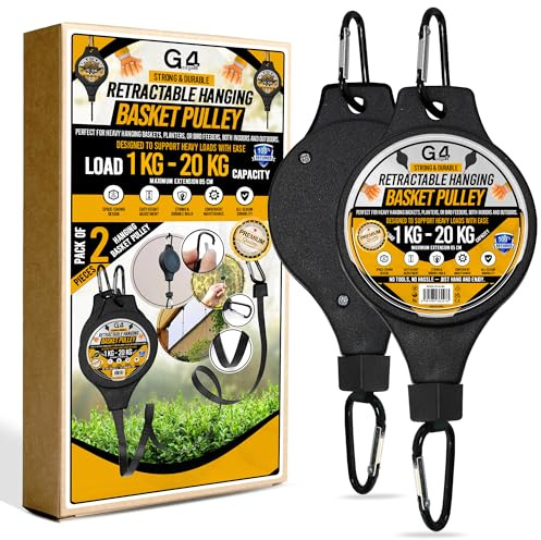 G4GADGET 2 Pack Hanging Basket Pulley Hooks – Adjustable Plant Hanger Pulley for Hanging Basket, Bird Feeder – Heavy Duty Retractable Garden Pulley System, Max Load 20kg
