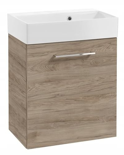 DomoDomo - Waschbeckenunterschrank 60 cm breit Hängend – Bad Unterschrank Eiche Rockford – Badezimmer Unterschrank mit Waschbecken – Soft Close Tür, Chrom Griff