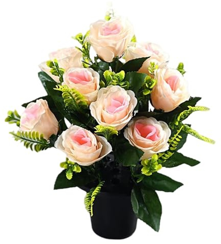 Muzrunq Fleurs de cimetière pour Tombe, 15 Pouces, 12 têtes de Roses artificielles avec Pot, Fleurs funéraires en Soie pour Pierres tombales