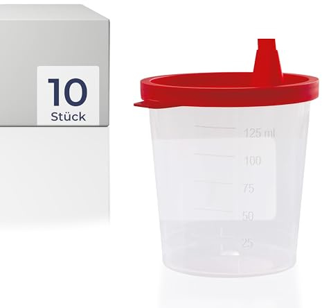 HaseMed Urinbecher 125 ml – 10 Stück Probenbecher mit rotem Deckel – Auslaufsicher, stapelbar & hygienisch für Urinproben, Laborbedarf, Arztpraxis, Klinik, Pflegeeinrichtungen