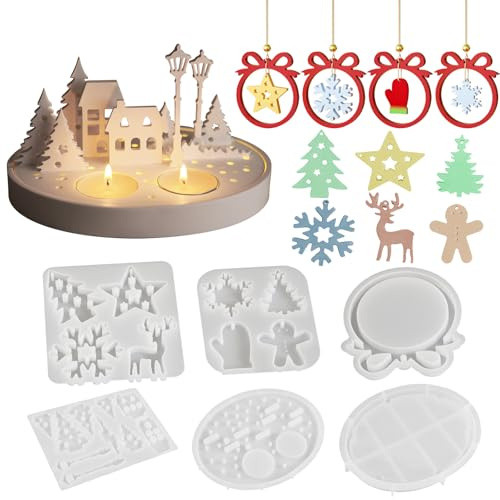 MLPKOI Stampi per Ciondoli Natalizi, Decorazione Natalizia Ciondolo con Base, 3D Stampi in a Forma di Casa, Albero di Natale Stampi Natalizi Pendenti, per Candele,Gesso Casette per Casa, Natale,Pasqua