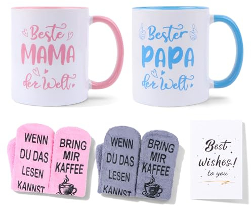 Belillpipi Mama und Papa Geschenke, Beste Mama & Bester Papa Tassen mit Socken, Geschenk für Eltern zum Geburtstag, Weihnachten, Muttertag, Vatertag oder Jubiläum, 330ml Keramik Kaffeetassen