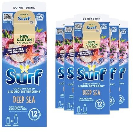 Surf Liquid Laundry Detergent Deep Sea, 24 Washes Powerful Stain Removal, Deep Fabric Clean Long-Lasting Fragrance, Colour Care Formula, 648ml, Pack of 6