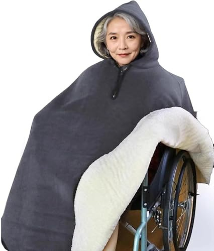 Tmendy Manta para Silla de Ruedas con Capucha – Poncho Cálido Forrado de Felpa Antifrío para Adultos, Mayores y Personas con Movilidad Reducida, Capa Térmica de Invierno Gray