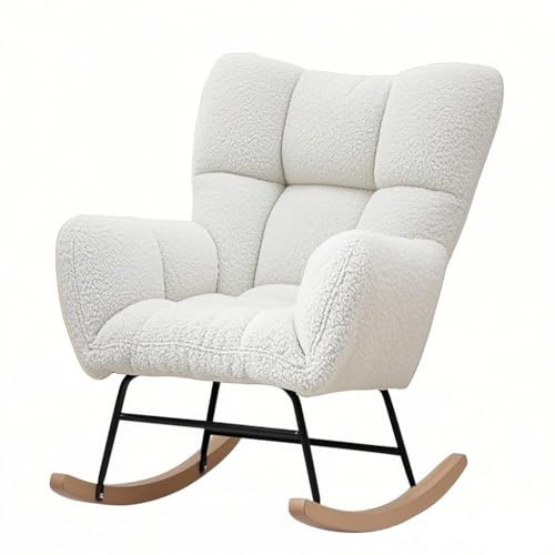 Gepolsterter Schaukelstuhl im nordischen Stil mit Armlehnen, gemütlicher Akzentstuhl für Wohnzimmer, Schlafzimmer oder Wohnheim, elegantes weißes Design für Komfort und Entspannung