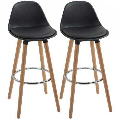 HOMCOM Barhocker 2er Set Gepolstert mit Holzbeine und Rückenlehne, Schwarz | Küchenstühle, Fußstütze aus Stahl, Tresenhocker, für Küche Wohnzimmer Esszimmer, Kunstleder