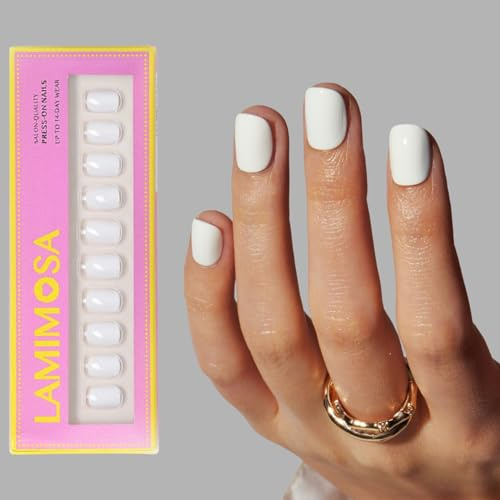 LAMIMOSA 32Pcs Press On Nails Extra Short Round - Solid White False Nails with Glue, Super Short xs Fake Nails in 16 Sizes, Reusable Stick on Nails, Petite Summer Glue On Nails, BABY WHITE