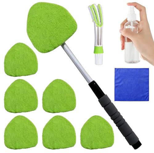 10 Stück Autoscheiben Reiniger Set,ausziehbarer Griff 180° drehbar mit Pads | inklusive sechs Mikrofaserpads und Sprühflasche für Innenreinigung (Grün)