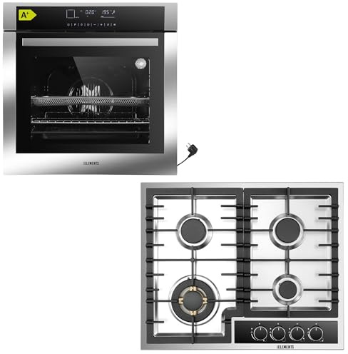 Gas Herdset | 60cm Einbaubackofen | Gaskochfeld 4 flammig | Gasokchfeld mit VOLLKUPFER-BRENNERN | Airfry Funktion | Grill | Heißluft | AQUA CLEAN