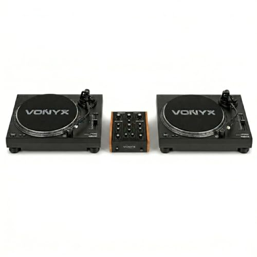 Vonyx DT6000 Vinyl DJ Set – 2x Direct-Drive Plattenspieler mit Audio Technica Nadel + VDJ250 Rotary Mixer 2-Kanal, 3,6 kg/cm Drehmoment, 33/45 RPM, für DJs und Clubs – Schwarz