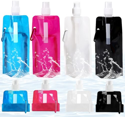 Ferizzia 4 Piezas Soft Flask, 480ml Botella Plegable con Mosquetón | Botella Agua Plegable, Ligera, Compacta, para Senderismo, Camping, Ciclismo, Viajes, Picnic y Deportes Aire Libre