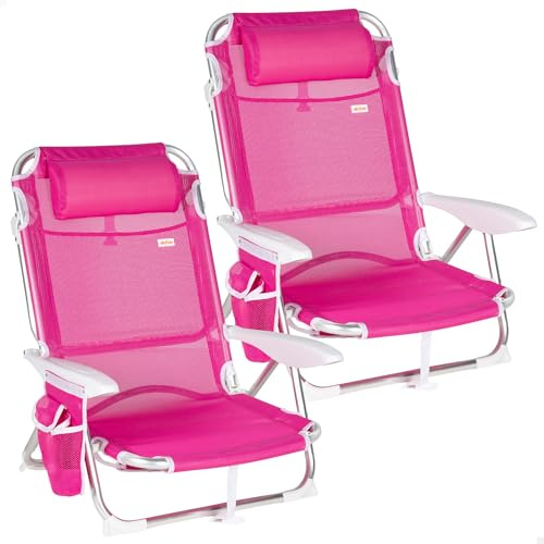 AKTIVE Pack 2 Sillas de Playa, Sillas Plegables multiposición, 51x45x76 cm, Sillas reclinables, 4 Posiciones, Reposacabezas, hasta 110 kg, con Bolsillo, Plegables con asa, Fucsia (85525)