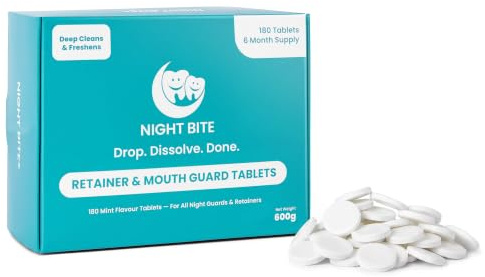 Retainer Cleaning Tablets - 180 Extra Strength Mint Tablets - 6 Month Supply - Night Guard & Mouth Guard Cleaner - Removes Plaque, Odour & Stains - by Night Bite®