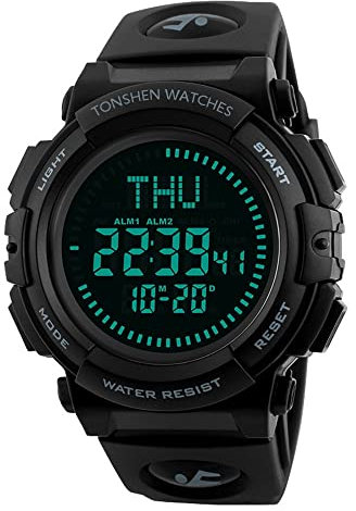 TONSHEN Digitaluhr Sportuhr 50M Wasserdicht Multifunktionale Militär Tactical Kompass Armbanduhr LED EL Licht Outdoor Plastik Uhr mit Silikon Band