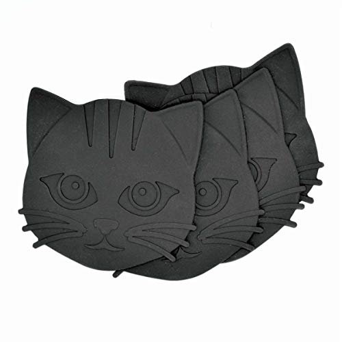 Invotis 4er Set Untersetzer Katze in schwarz und grau, Glasuntersetzer, Abmessungen je Untersetzer: 9 x 9,5 x 0,2 cm, Material: Silikon, schicke Tischdeko und schönes Geschenk für Katzen Fans