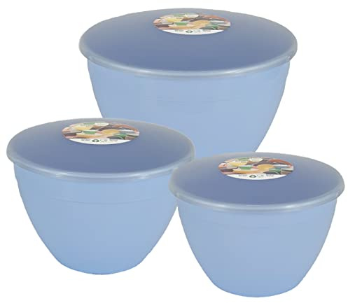 Just Pudding Basins 3 Larger Bowl Sizes and Lids in 1 Set, 1x 1.5pt (850ml), 1x 2pt 1.14lt, 1x 3 pint (1.71lt) (Sky Blue)