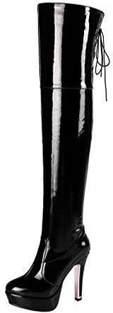 MISSUIT Damen Lack Plateau Overknee Stiefel High Heels Stiefel Stiletto Reißverschluss Schnallen Herbst Winter Boots