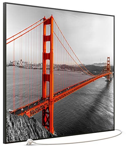 STEINFELD Bild Infrarotheizung 1200 Watt – mit Thermostat | Motiv: 041 Golden Gate | Rahmen: Schwarz | 7 Jahre Garantie | Made in Germany | für Wand Montage