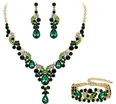 Ever Faith Wedding Jewellery Set for Women, Sparkly Rhinestone Crystal Vintage Floral Teardrop Brides Bridal Necklace Earrings Bracelet Sets Prom Party Costume Jewelry 3 Pcs Green Gold-Tone