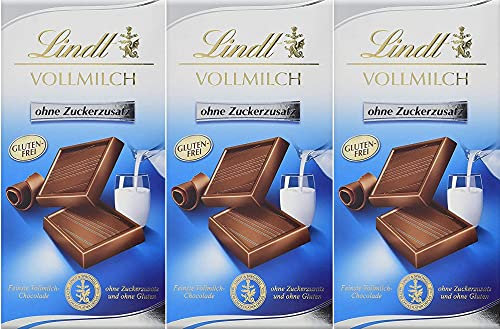 Lindt Vollmilch Schokolade ohne Zuckerzusatz (feinste Lindt Chocolade, zuckerfrei und ohne Gluten) 3 x 100 gr.