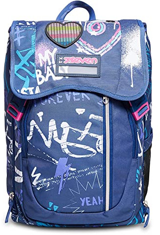Zaino Scuola Seven Estensibile - Rock on Girl Ragazza - Azzurro - Doppio scomparto con cuore LED - Tasca porta borraccia