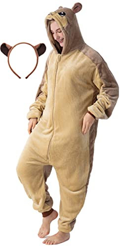 corimori Flauschiges Murmeltier-Kostüm für Erwachsene mit Haarreif | Karneval Kostüm Onesie für Damen, Herren | Körpergröße 150-160cm
