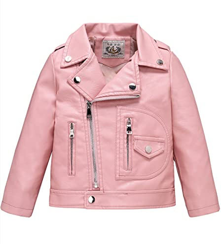 LOKTARC Boys Girls Faux Leather Jacket for Kids Motorcycle Biker Leather Jackets Pink 5-6 Years/Size 130