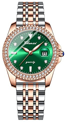 JewelryWe Montre Femme,Montre Bracelet Femme Analogique Quartz avec Aiguilles Lumineuses,3Atm Etanche,Montre Rond en Acier Inoxydable avec Strass et Cadran du Calendrier