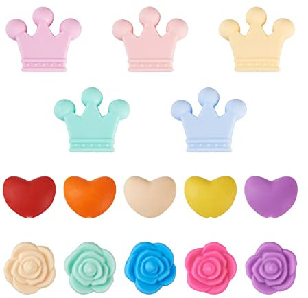 Craftdady Lot de 50 perles en silicone en forme de cœur, rose, couronne, perles en caoutchouc pour enfilage de bijoux, porte-clés, bracelet, collier