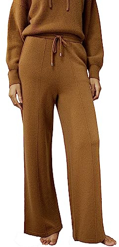 LilySilk 100% Cashmere Pants for Women Super Soft Warm Wide Leg Cashmere Knitted Trousers Elastic Waist Sweatpants Toffee S