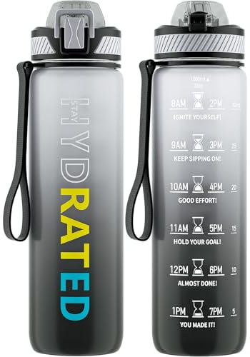 QLUR Botella Agua, 1 Litro Botella Agua Gimnasio con Pajita, Antiderrame Botella de Agua Deportiva, Cantimplora sin BPA con Marcador de Tiempo y Cepillo para Oficina, Escuela, Yoga