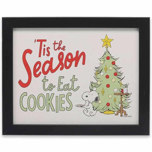 Open Road Brands Peanuts Snoopy Tis the Season to Eat Cookies, gerahmtes Holzbild, niedliches Snoopy-Weihnachtsbild für Wohnzimmerdekoration