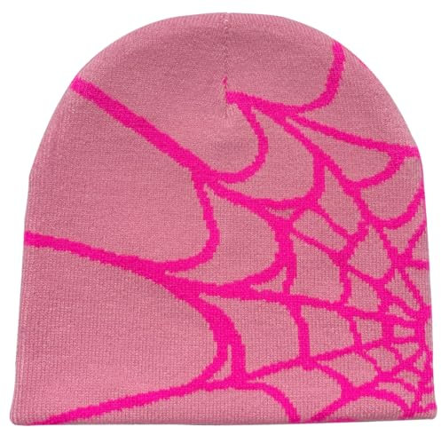 Arcimatto Y2k Spider Bonnet tricoté en laine acrylique Tête de mort Bonnet d'hiver chaud Streetwear MEA Design Chapeaux pour femmes, hommes et adolescents, Rose et rose, Taille unique