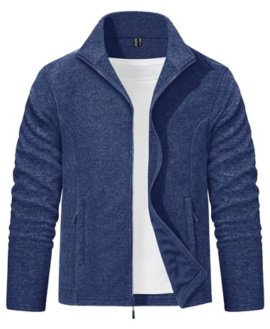 EKLENTSON Work Fleece Jacket Men Full Zip Winter Lightweight Warm Soft Hiking Jacket Work Sport Casual Coat Outerwear with Zip Pockets Dark Blue,M