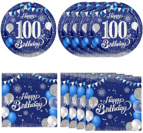 40PCS 100 birthday decorations for Men Women Navy Blue and Silver Birthday Supplies include Plates Napkins 100th Birthday Favors Services 20