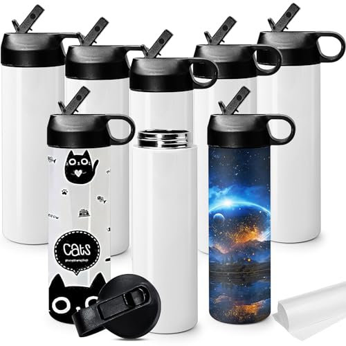 MSYU Lot de 8 bouteilles d'eau de sport par sublimation de 591 ml, minces et droites en acier inoxydable avec poignée portable et couvercles à paille pour presse à chaud - Blanc
