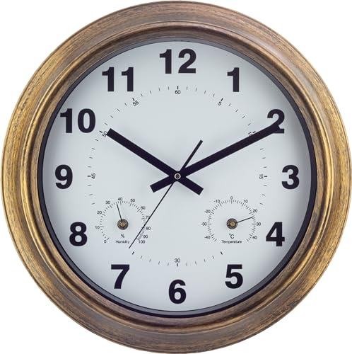 Eurotime wasserdichte Quarzwanduhr für Außen mit Thermometer und Hygrometer, beschichtetes Metallgehäuse, Echtglas, Aluminium-Zifferblatt