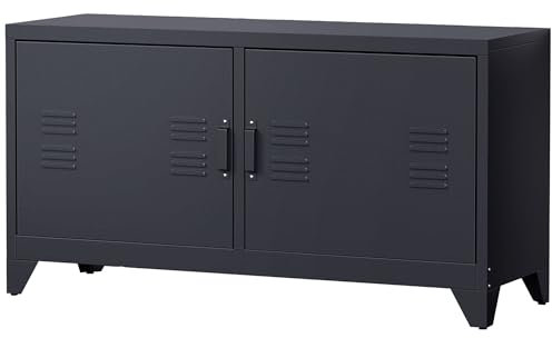 HOMCOM Meuble TV, Banc TV, Structure en Acier Laminé à Froid, 2 Meubles avec 2 Étagères Réglables, Design Industriel, Passe-câbles, 119 x 40 x 63,5 cm, Noir