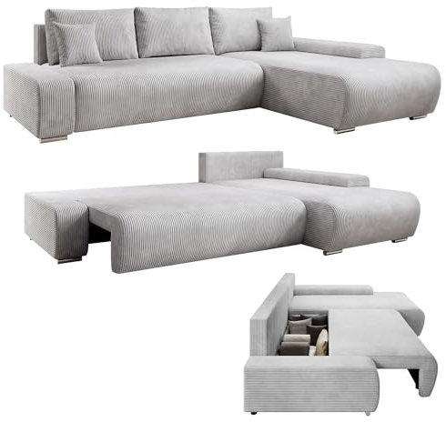 Juskys Sofa Iseo Rechts mit Schlaffunktion - Stoff Couch L Form für Wohnzimmer, bequem, ausziehbar - Schlafsofa Ecksofa Eckcouch Schlafcouch Hellgrau