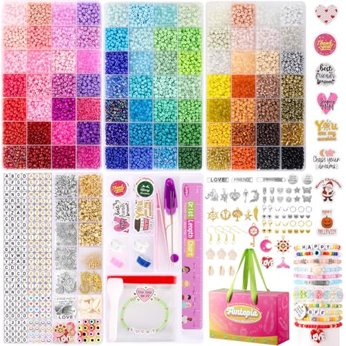 Funtopia 4mm Seed Beads, 13700pcs Friendship Bracelet Kit, 84 Colors Small Glass Beads for Jewelry Making with Charms Alphabet Letter Beads, Stickers and Beading Tools, DIY Art Craft for Girls Adults