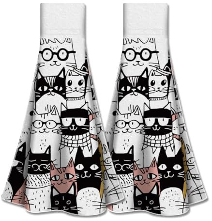 WADORN 2 Stück Küchenhandtuch zum Aufhängen Mit Kätzchen Motiv, Hängendes Handtuch Mit Katzenmuster Für Küchenset Saugfähiges Handtuch Mit Aufhängeschlaufe Für Badezimmer Küche, 31.5x34.5 cm