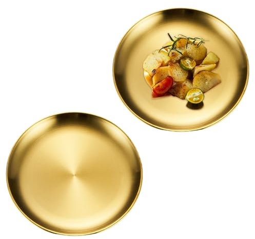 Ceihwa 2pcs Deko Tablett Gold Rund 20cm Dekoteller Goldene Unterteller Edelstahl Platzteller Metall Serviertablett Gold Teller Kaffee Servierplatte Dekotablett Organizer Speiseplatte Kerzenteller