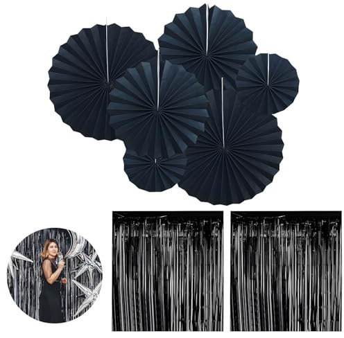 VireEyU Party Dekoration Set 8-teilig in Schwarz: 2 Glitzer Lametta Vorhänge und 6 Papierfächer, Perfekt für Hochzeiten, Geburtstage und Feiern, Metallic Vorhang 1x2 Meter