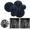 VireEyU Party Dekoration Set 8-teilig in Schwarz: 2 Glitzer Lametta Vorhänge und 6 Papierfächer, Perfekt für Hochzeiten, Geburtstage und Feiern, Metallic Vorhang 1x2 Meter