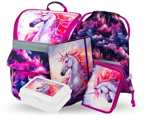 Baagl Schulranzen Mädchen Set 5 Teilig - Schultasche ab 1. Klasse - Grundschule Ranzen mit Brustgurt - Ergonomischer Schulrucksack (Königliches Einhorn)