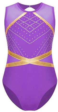Xnihocha Mädchen Turnanzug Glitzer Gymnastikanzug Ärmellos Sportbody Einteiliger Leotard Ballett Trikot Ballettanzug Wettkampf Tanzkostüm Violett 134-140