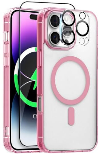 BAFUGU Cover per iPhone 16 Pro, Compatibile con MagSafe, Con Vetro Temperato Pellicola Protettiva e Lente Fotocamera Protezione, Custodia Traslucida Opaco, Protezione di Livello Militare-Rosa
